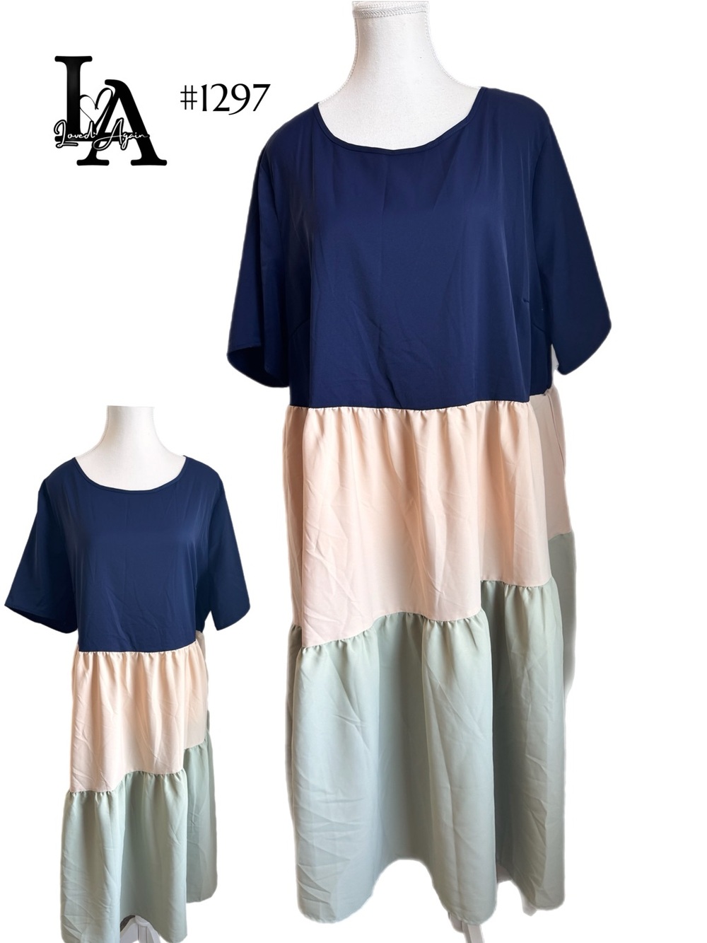 Emery Rose Colorblock Tiered Midi Dress in Navy, Blush & Sage